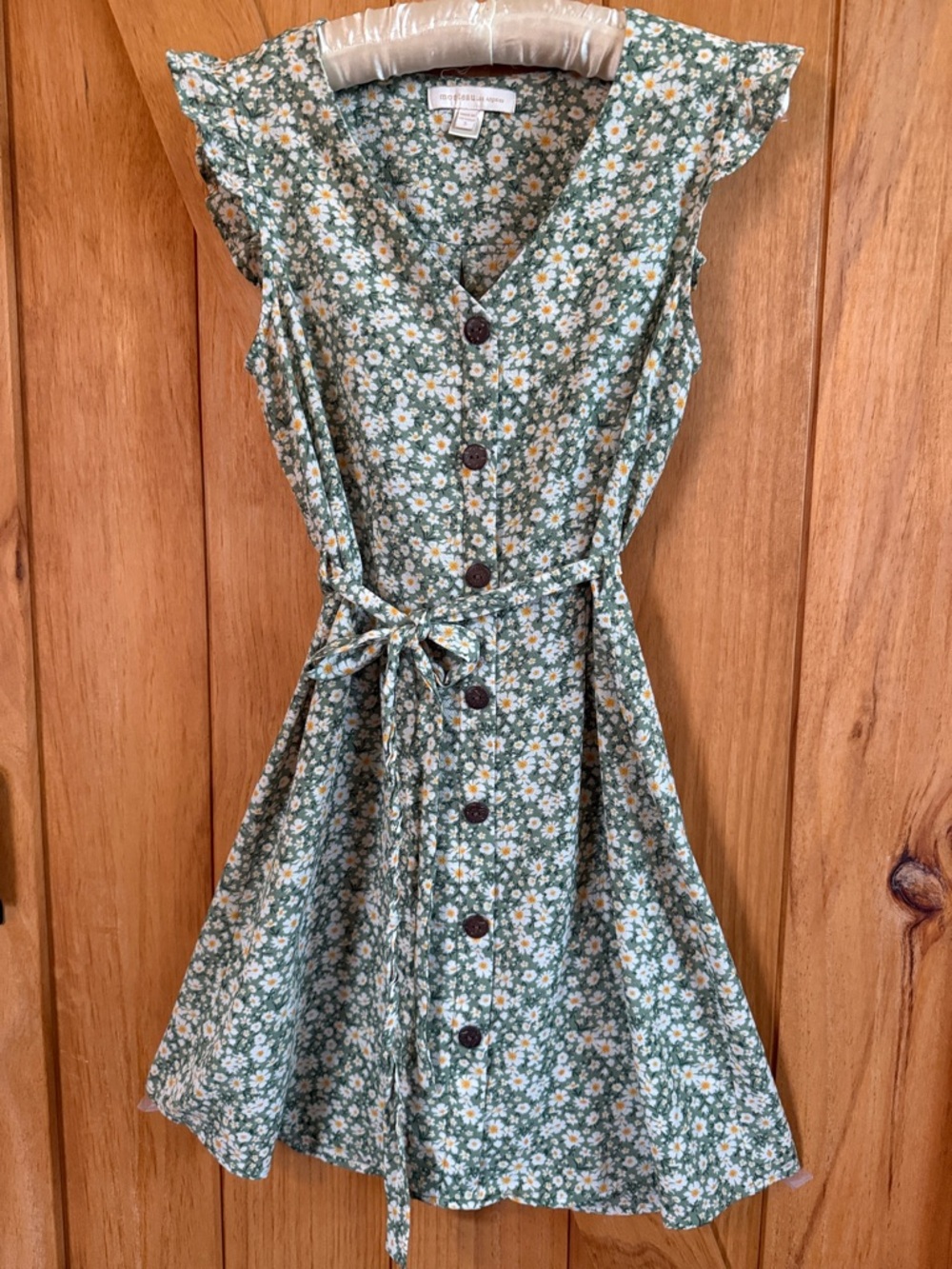 Ditsy Daisy Button-Front Green Dress with Tie Waist